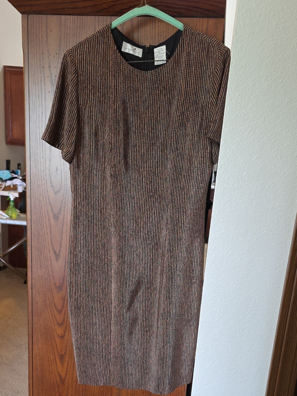 Vintage 100% Silk Liz Claiborne Brown Ribbed Short Sleeve Midi Dress